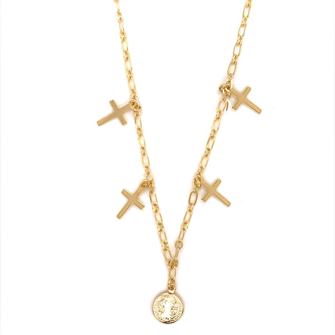 Oval Paperclip Necklace with Dangling Crosses & Saint Benedict Charm