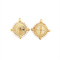 Saint Benedict Charm with Pearl Border 32mm - Gold Filled