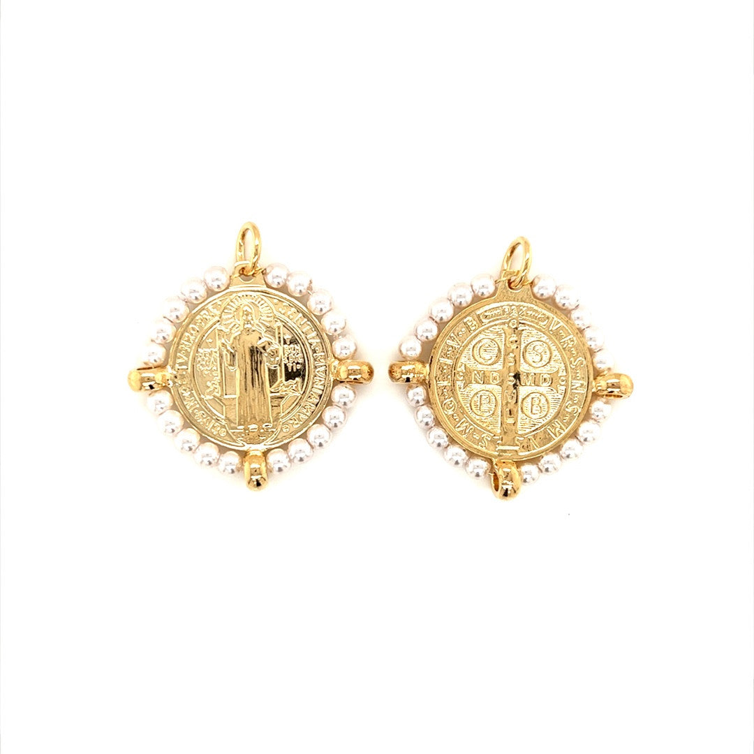 Saint Benedict Charm with Pearl Border 32mm - Gold Filled