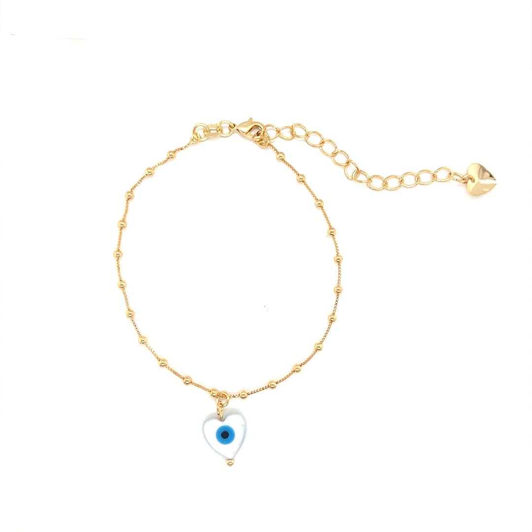 Box Ball Bracelet with Dangling Evil Eye Heart Charm