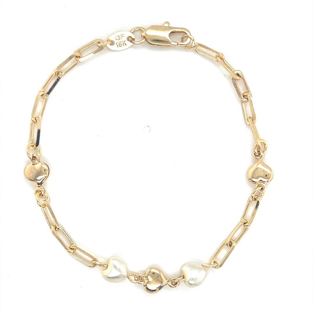 Paperclip Bracelet with Faux Pearls & Heart Accents