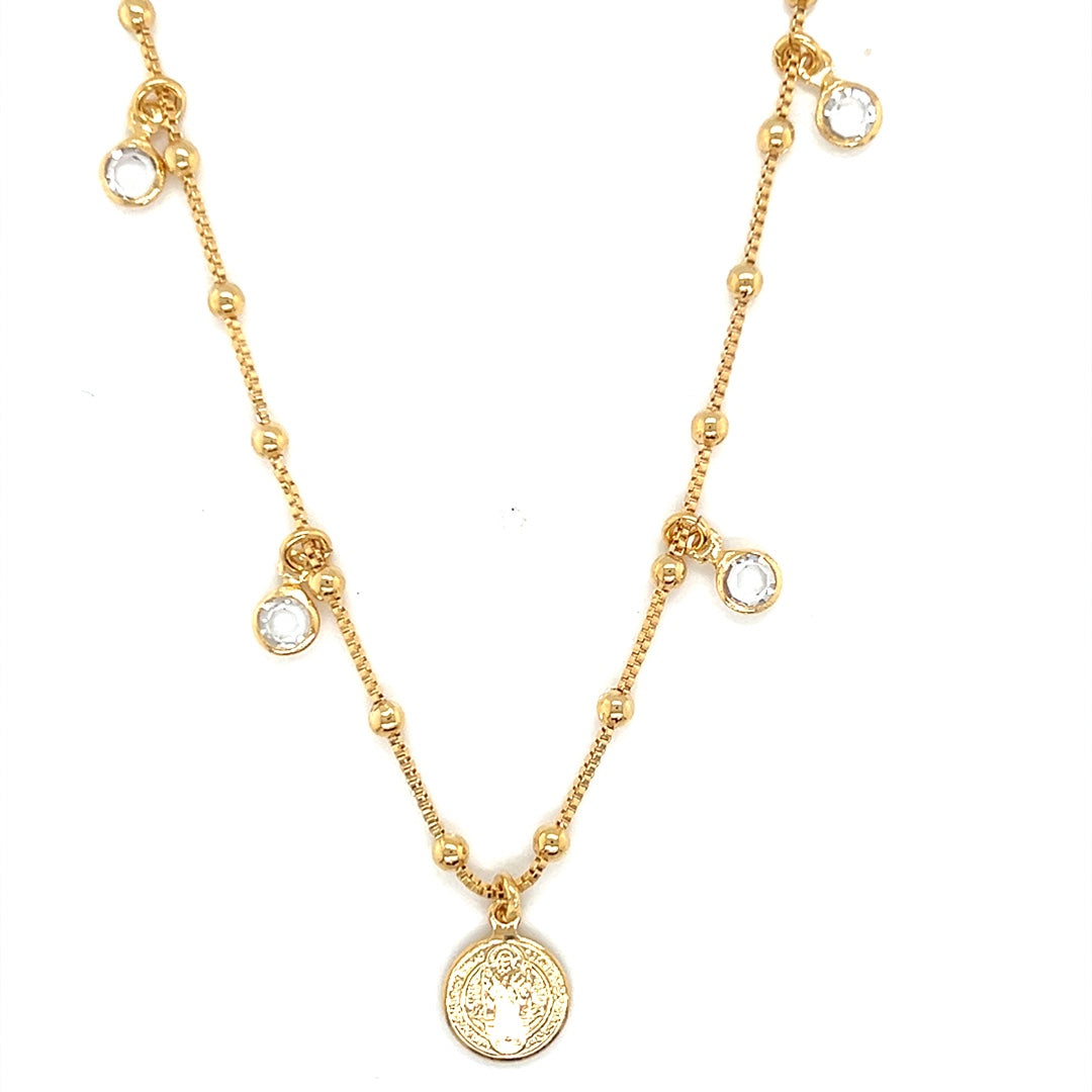 Beaded Box Chain with CZ Accents & Saint Benedict Charm