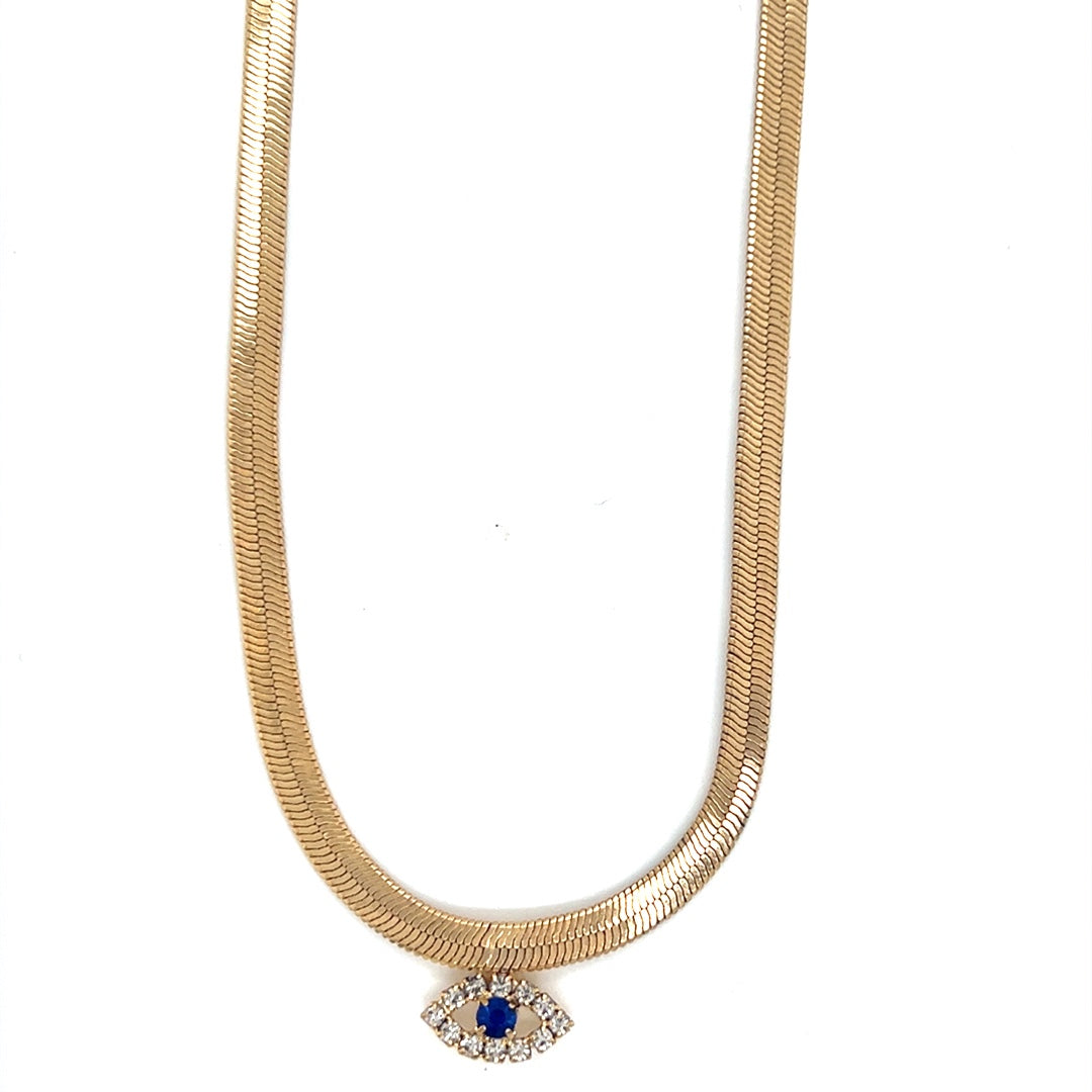 4mm Herringbone Necklace with CZ Evil Eye Charm