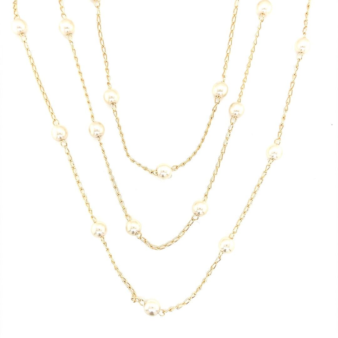 Triple Layered Open Curb Link Necklace with Pearl Accents