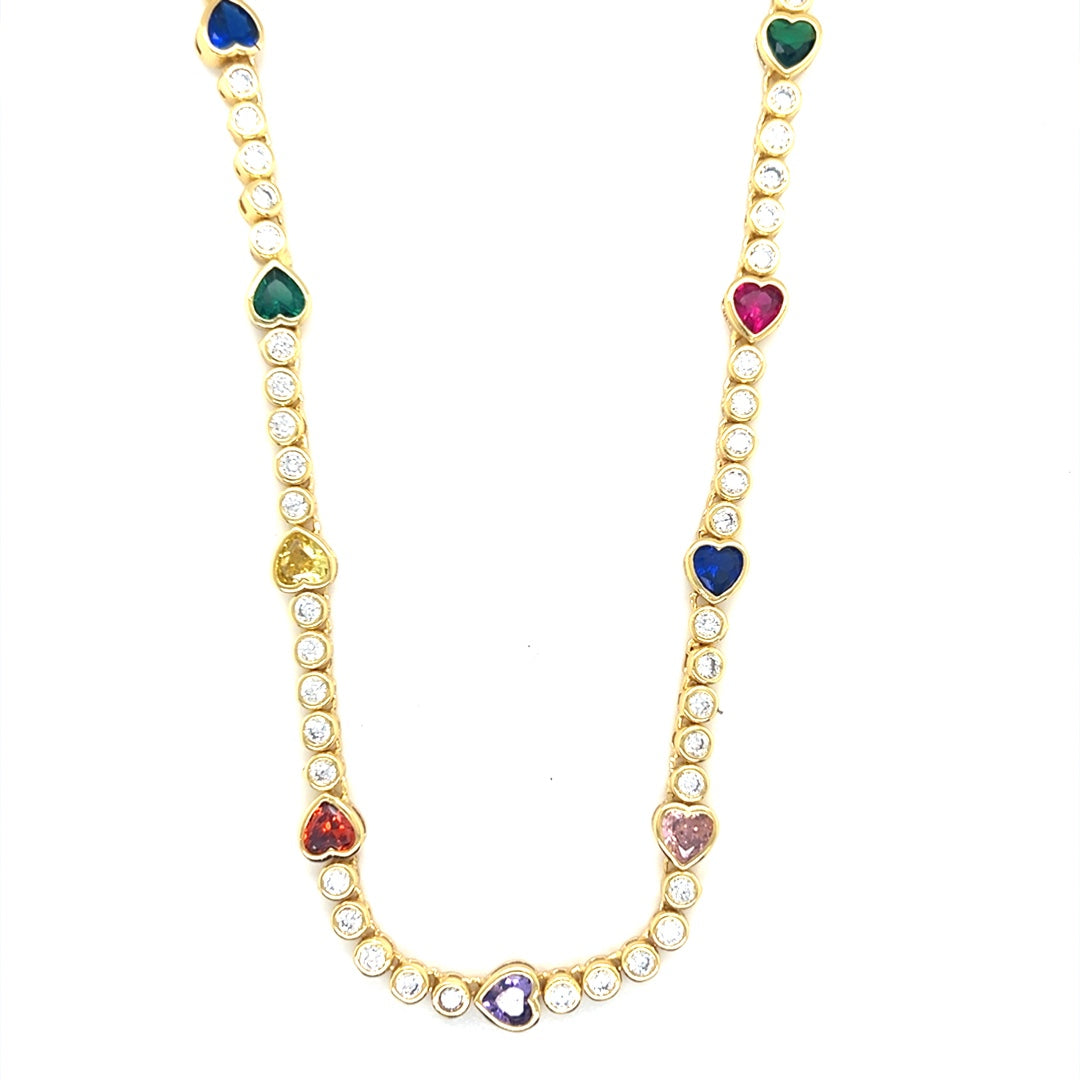 Multicolor CZ Heart Tennis Necklace