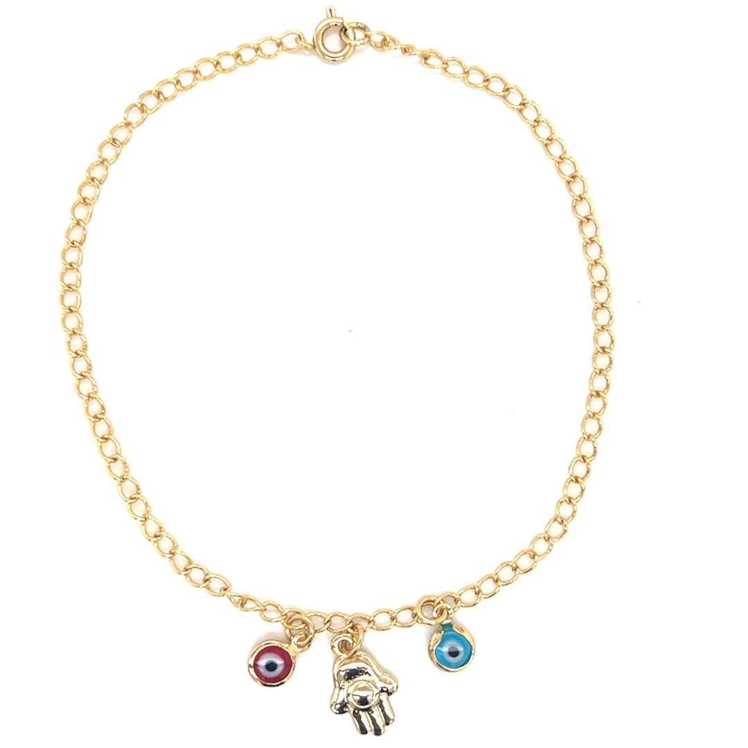 Open Curb Link Anklet with Dangling Evil Eyes and Hamsa 3mm - Gold Filled