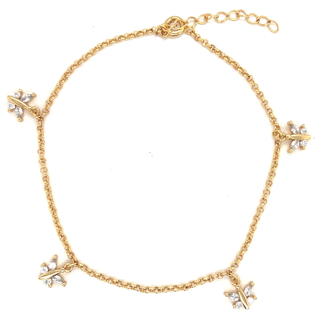 Rolo Link Anklet with Dangling CZ Butterflies 10mm