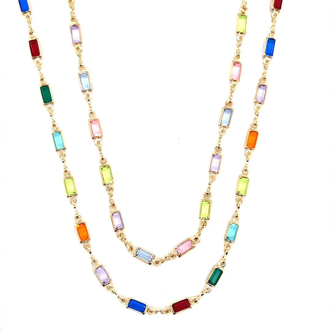 Thin Rectangle Multicolor Crystal Link Necklace 2mm