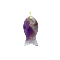 Purple fish-shaped pendant with a gold accent on a white background