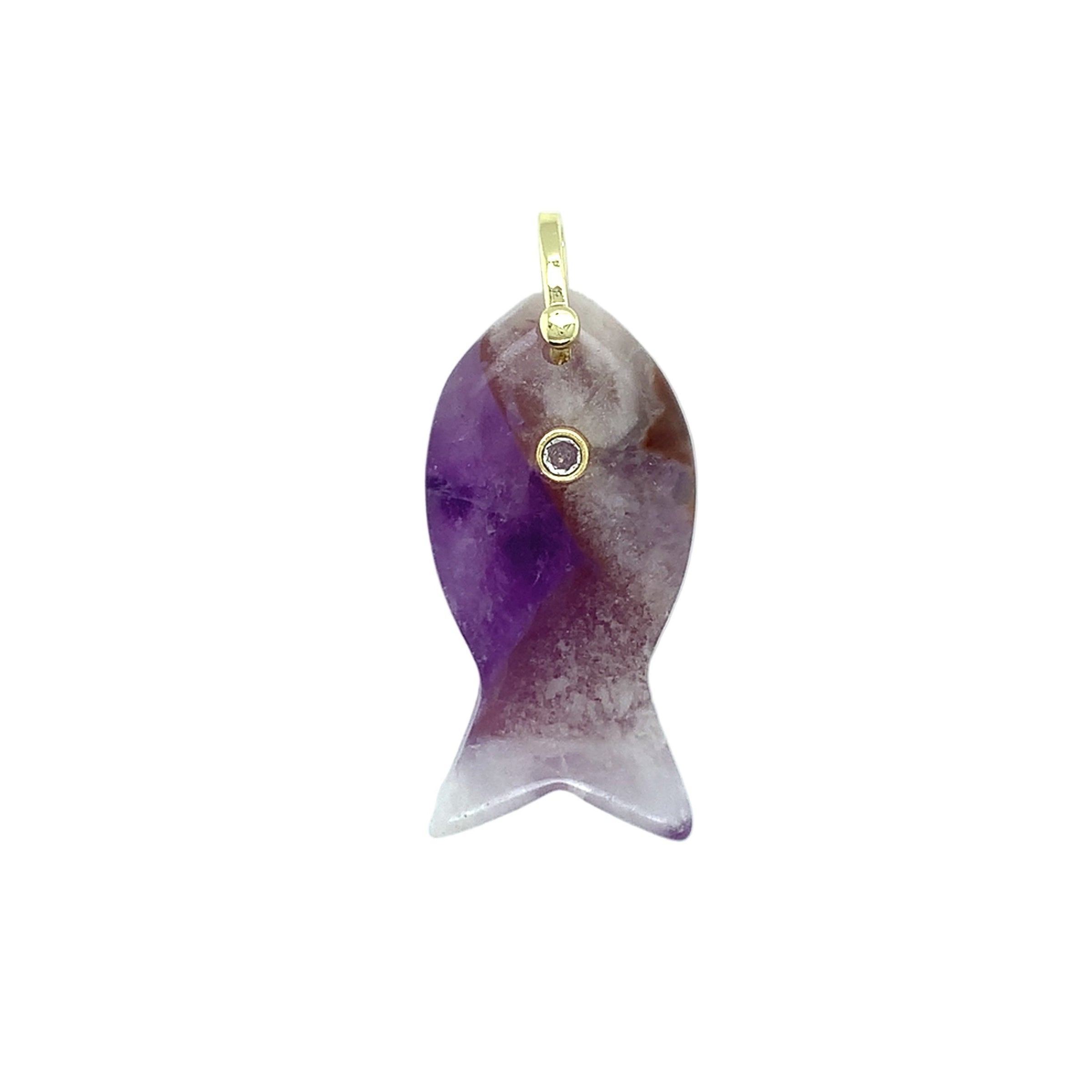 Purple fish-shaped pendant with a gold accent on a white background