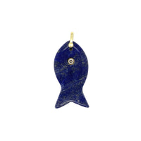 Lapis Lazuli fish-shaped pendant with a gold chain on a white background