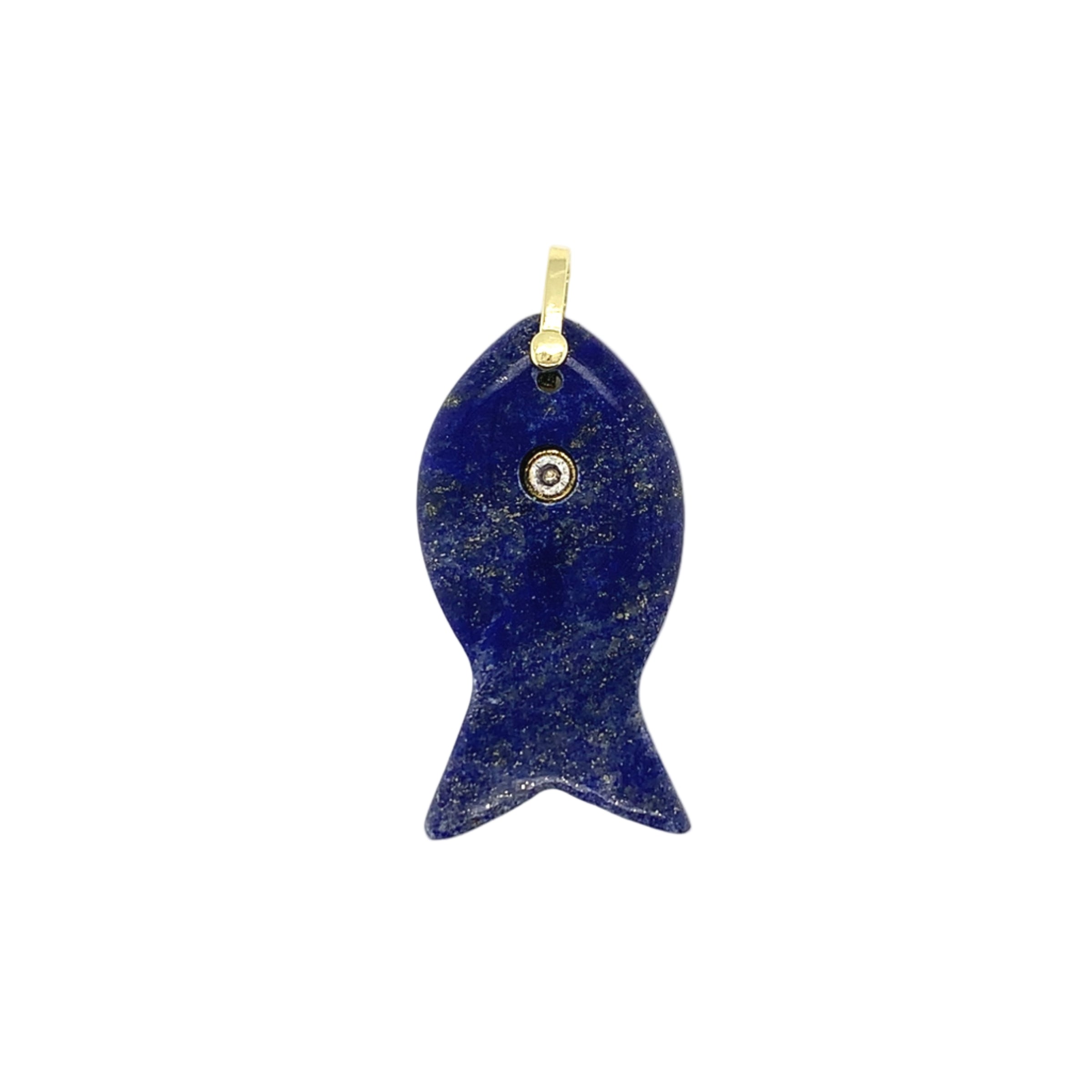Lapis Lazuli fish-shaped pendant with a gold chain on a white background