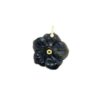 Labradorite flower-shaped pendant with gold accents on a white background