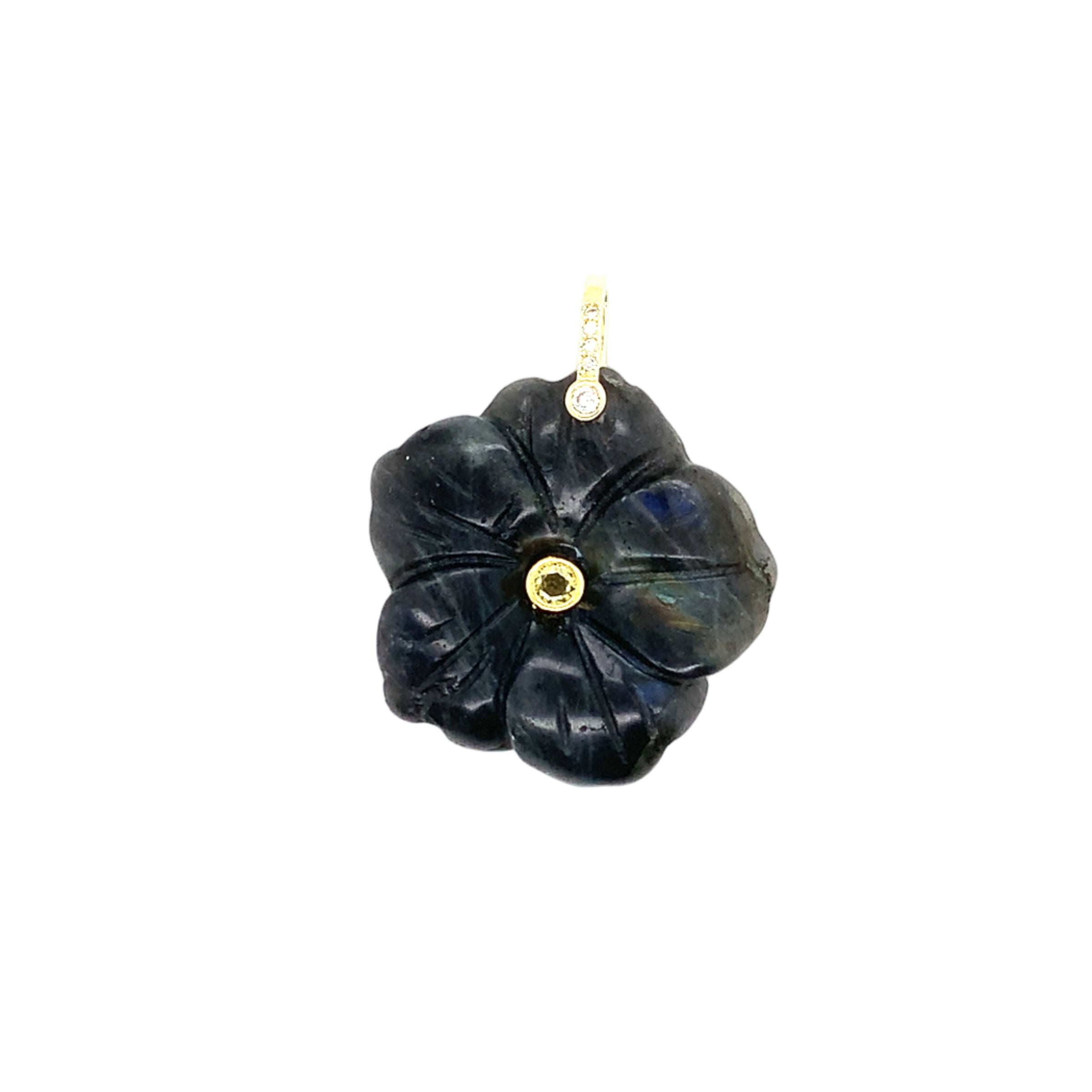 Labradorite flower-shaped pendant with gold accents on a white background