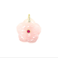 Rose Quartz pendant with gold accents on a white background