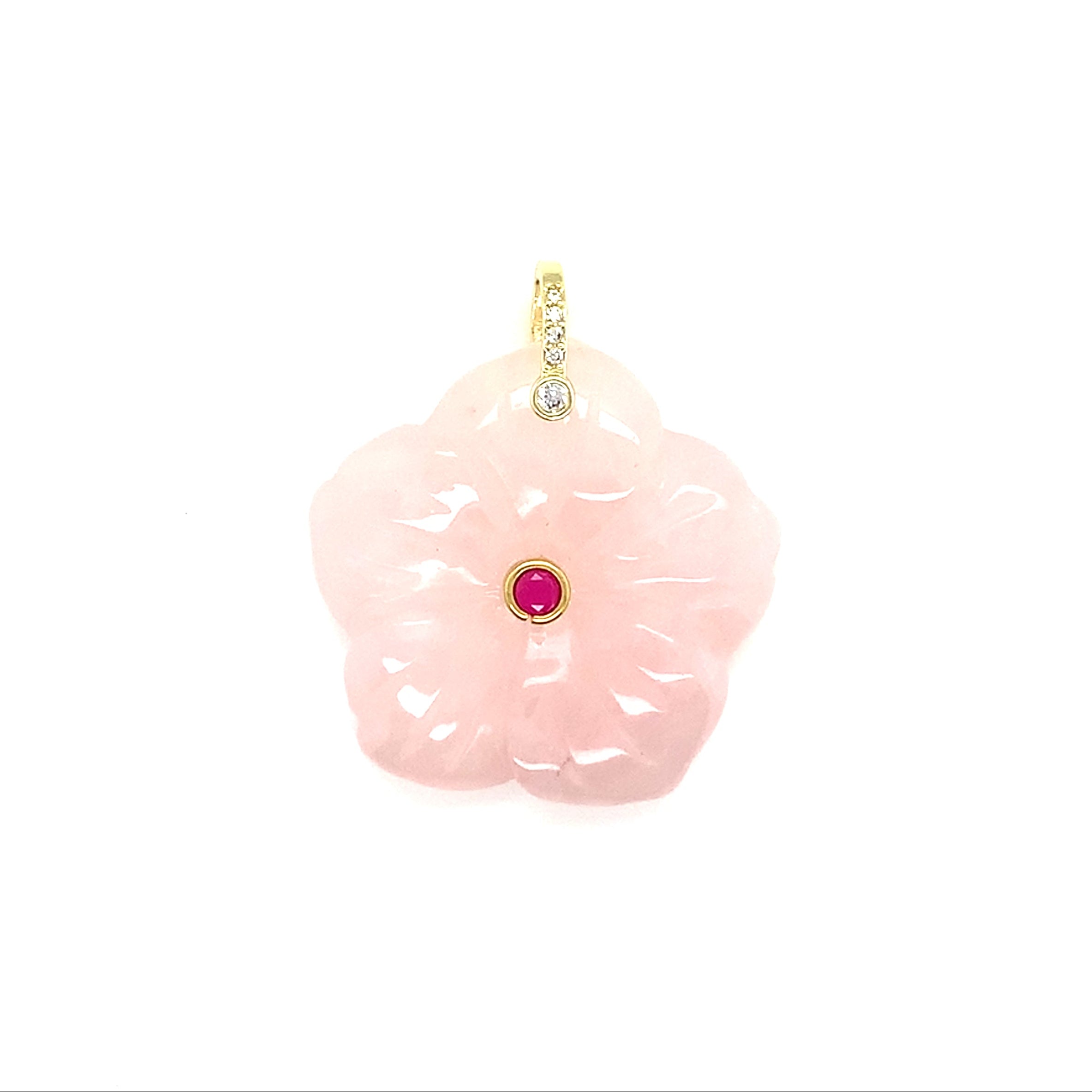Rose Quartz pendant with gold accents on a white background