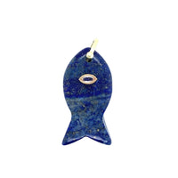 Blue fish-shaped pendant with a gold eye on a white background