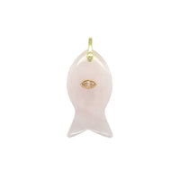 Pink fish-shaped pendant with gold accents on a white background