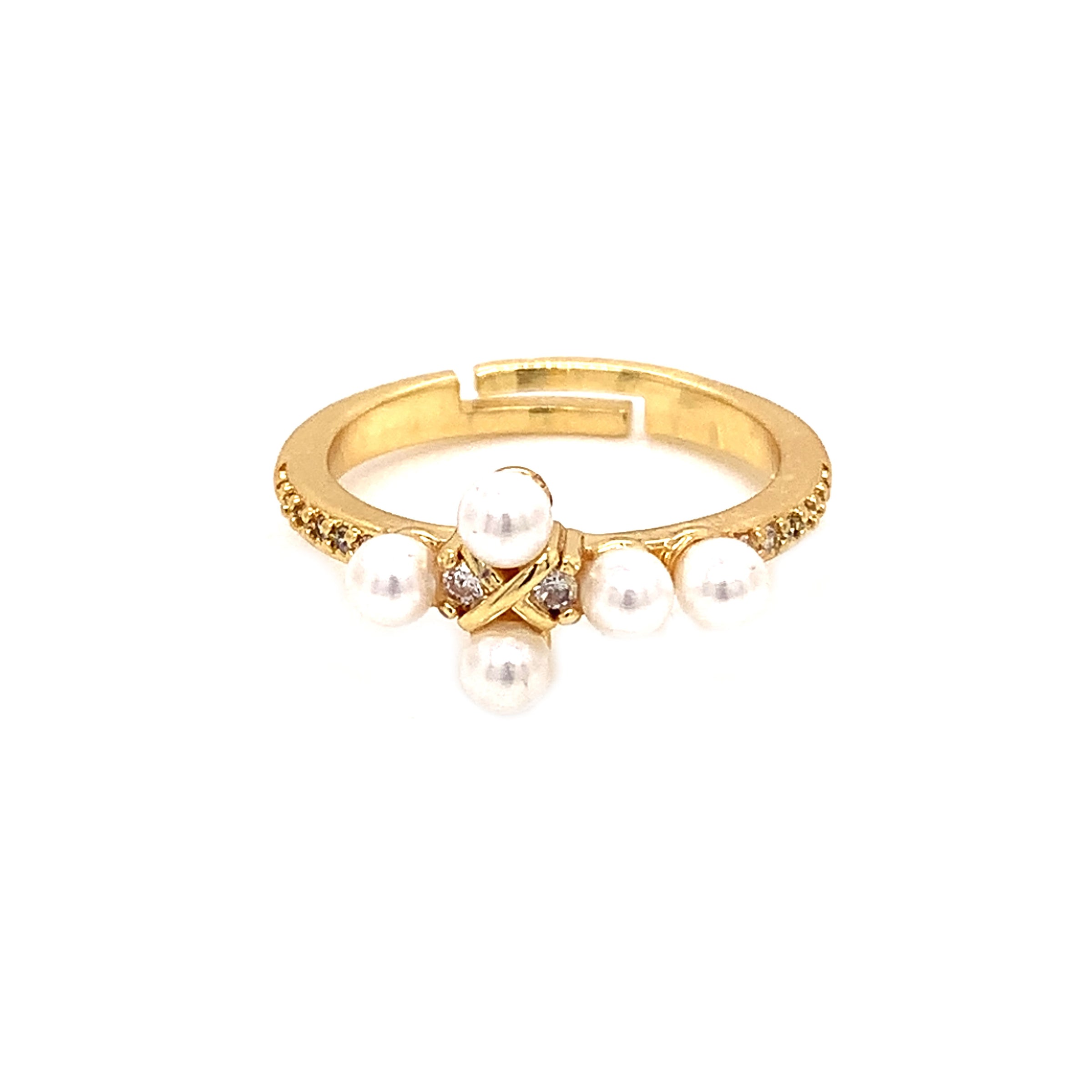 CZ Pearl Cross Adjustable Ring - Gold Plated