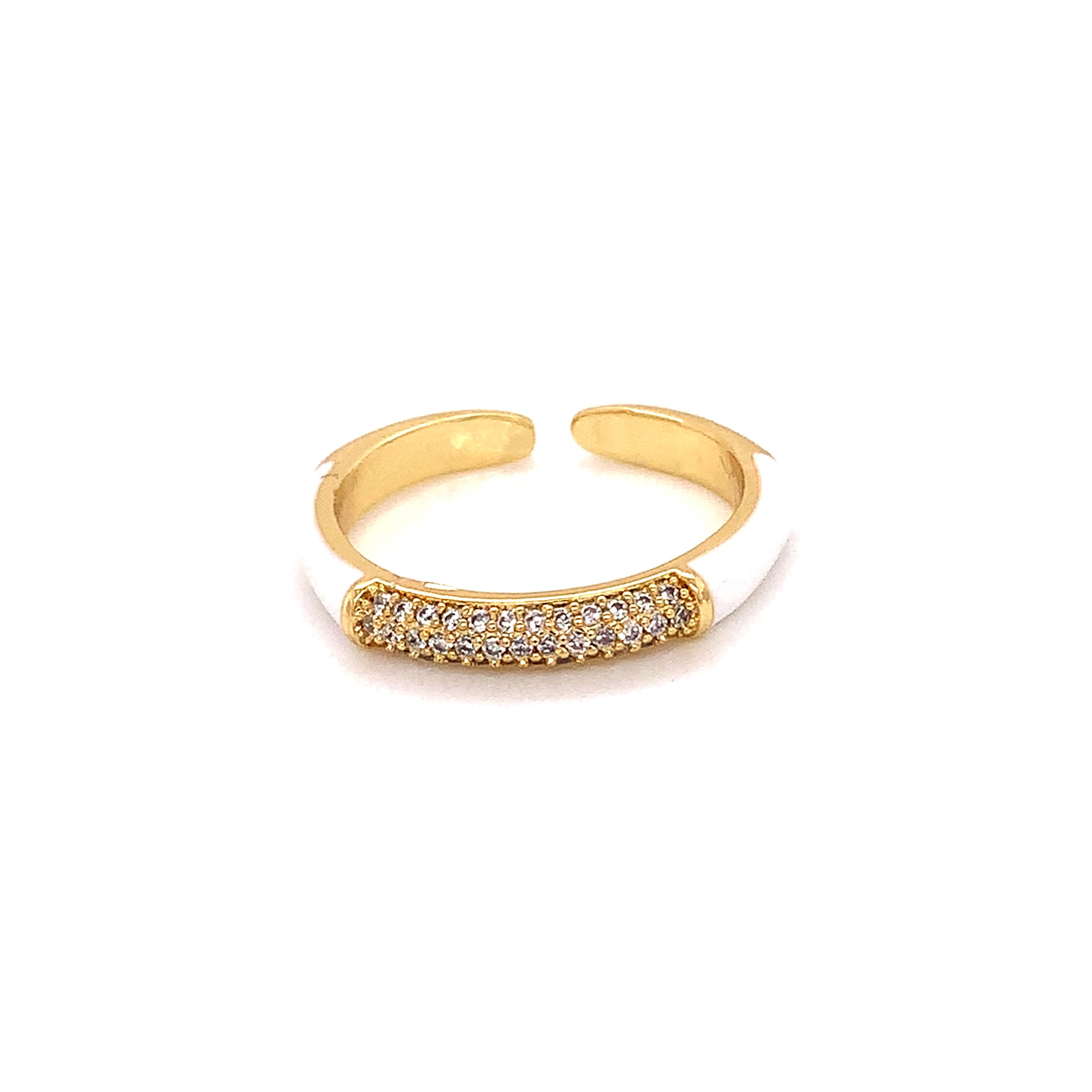 CZ White Enamel Adjustable Ring - Gold Plated