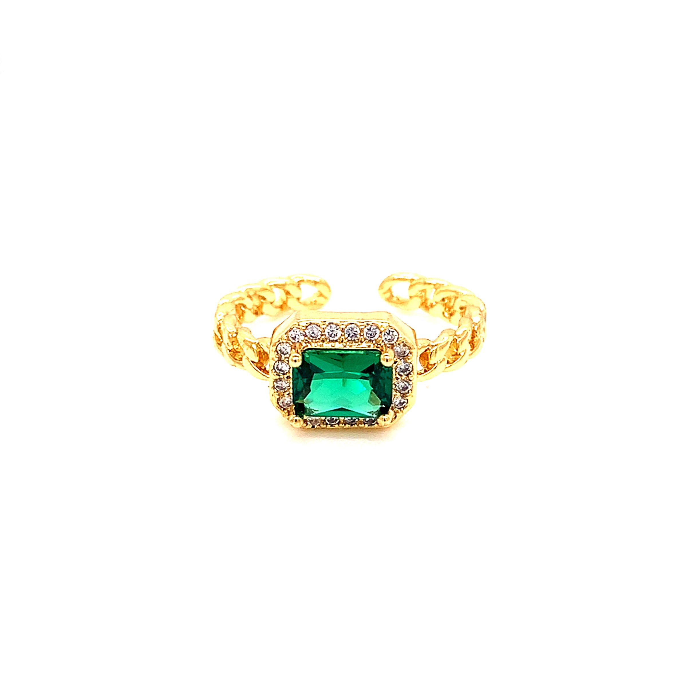 CZ Emerald Chain Link Adjustable Ring - Gold Plated