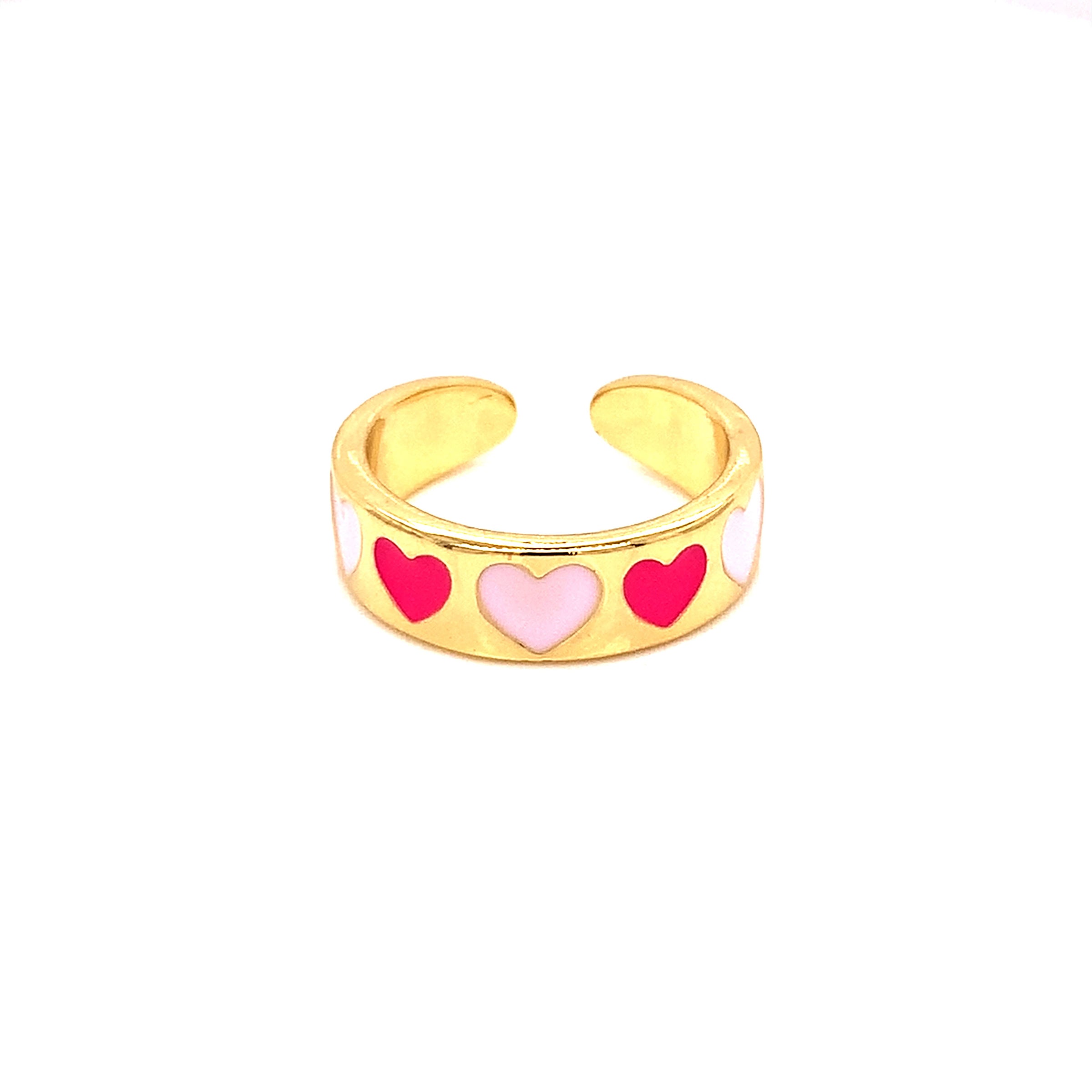 Pink Enamel Heart Adjustable Ring - Gold Plated