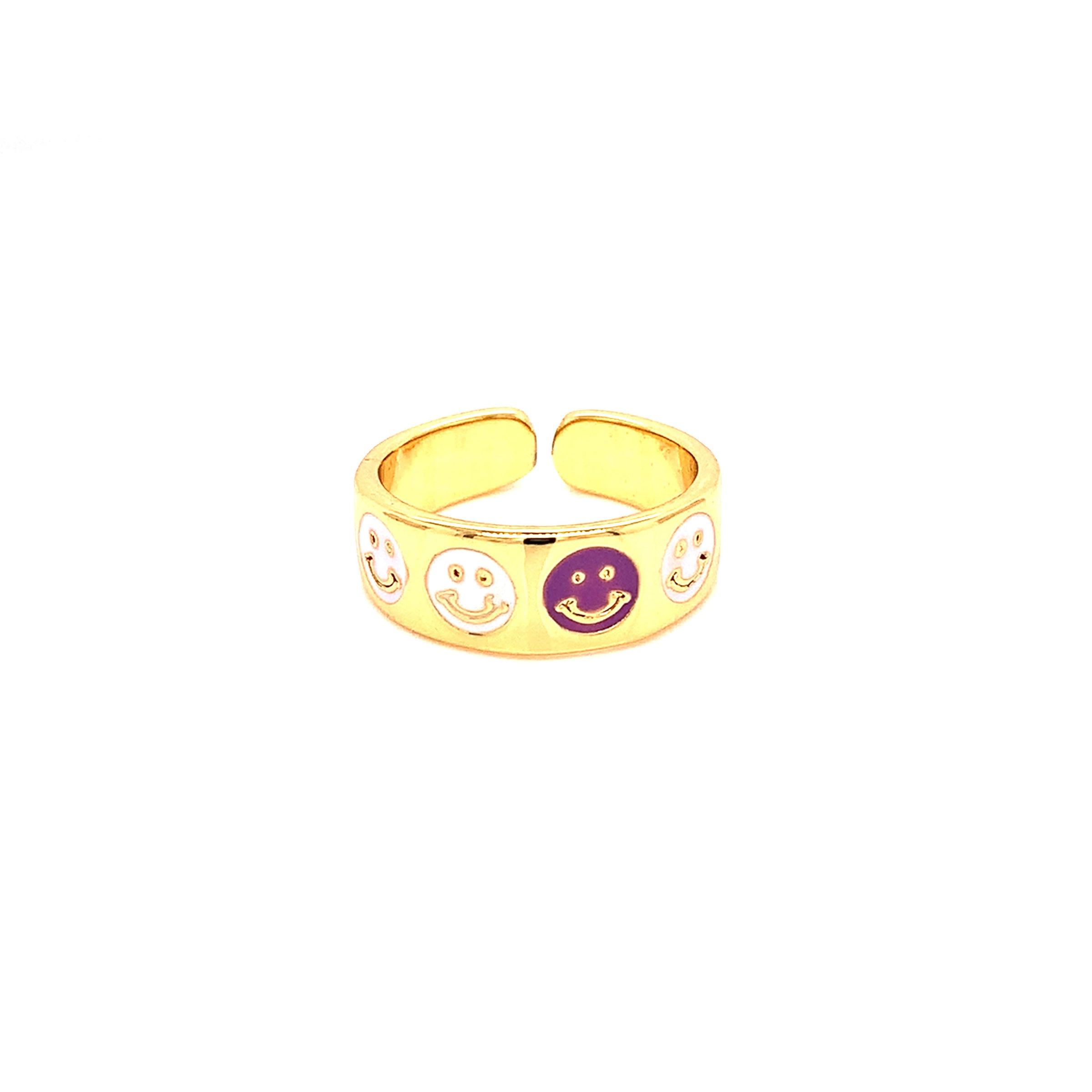 Multicolor Enamel Smiley Adjustable Ring - Gold Plated