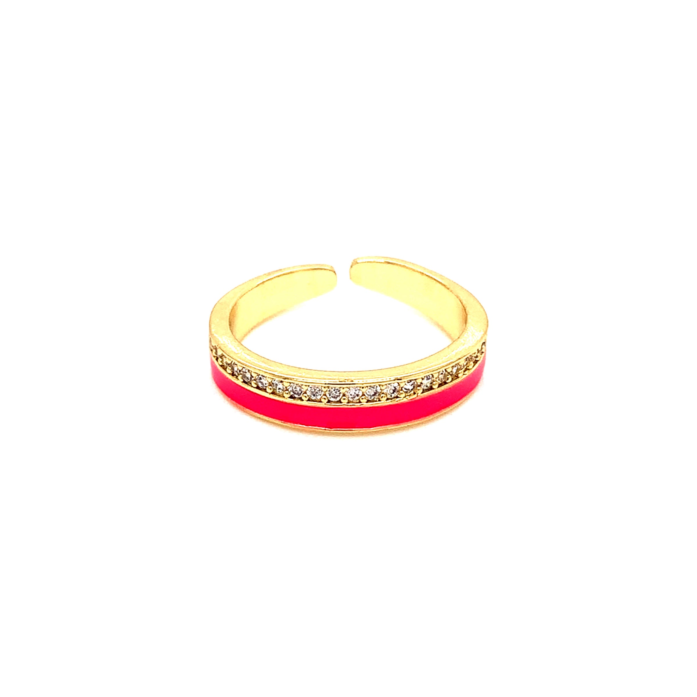 CZ Neon Pink Enamel Adjustable Ring - Gold Plated