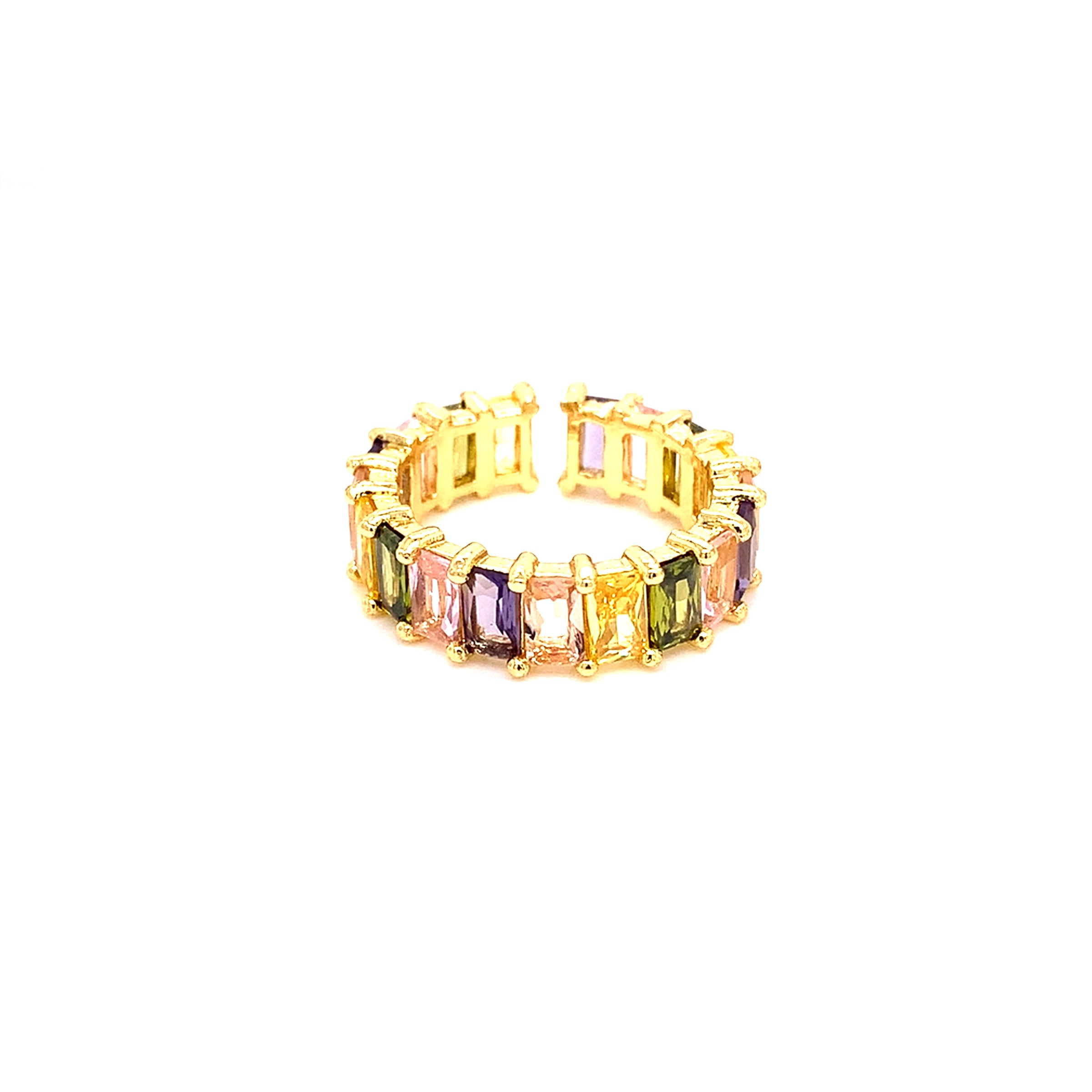 CZ Multicolor Baguette Adjustable Ring - Gold Plated