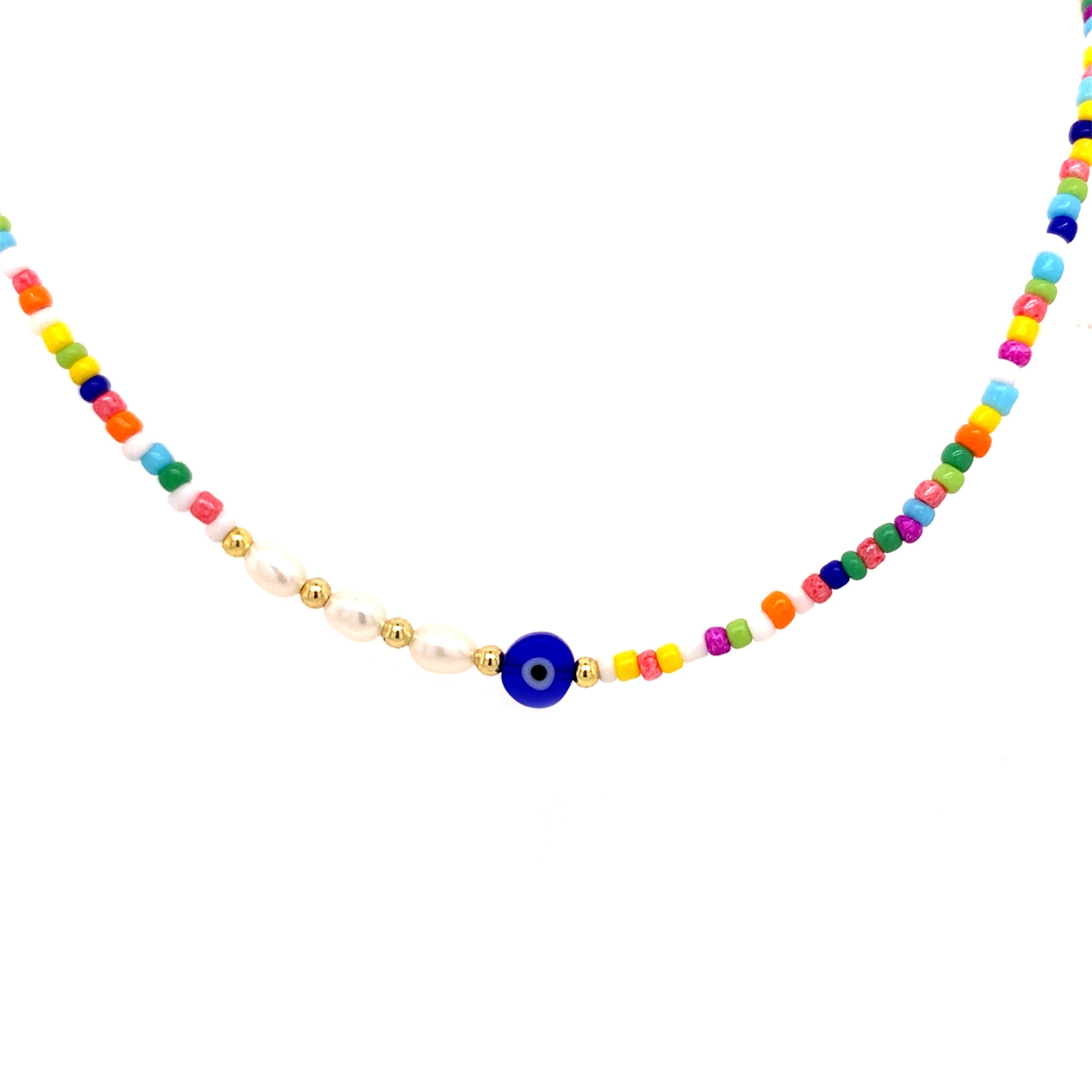 16" 2mm Multicolor Seed Bead Necklace with Blue Lucky Eye & Pearl Acccents + 2" Extension
