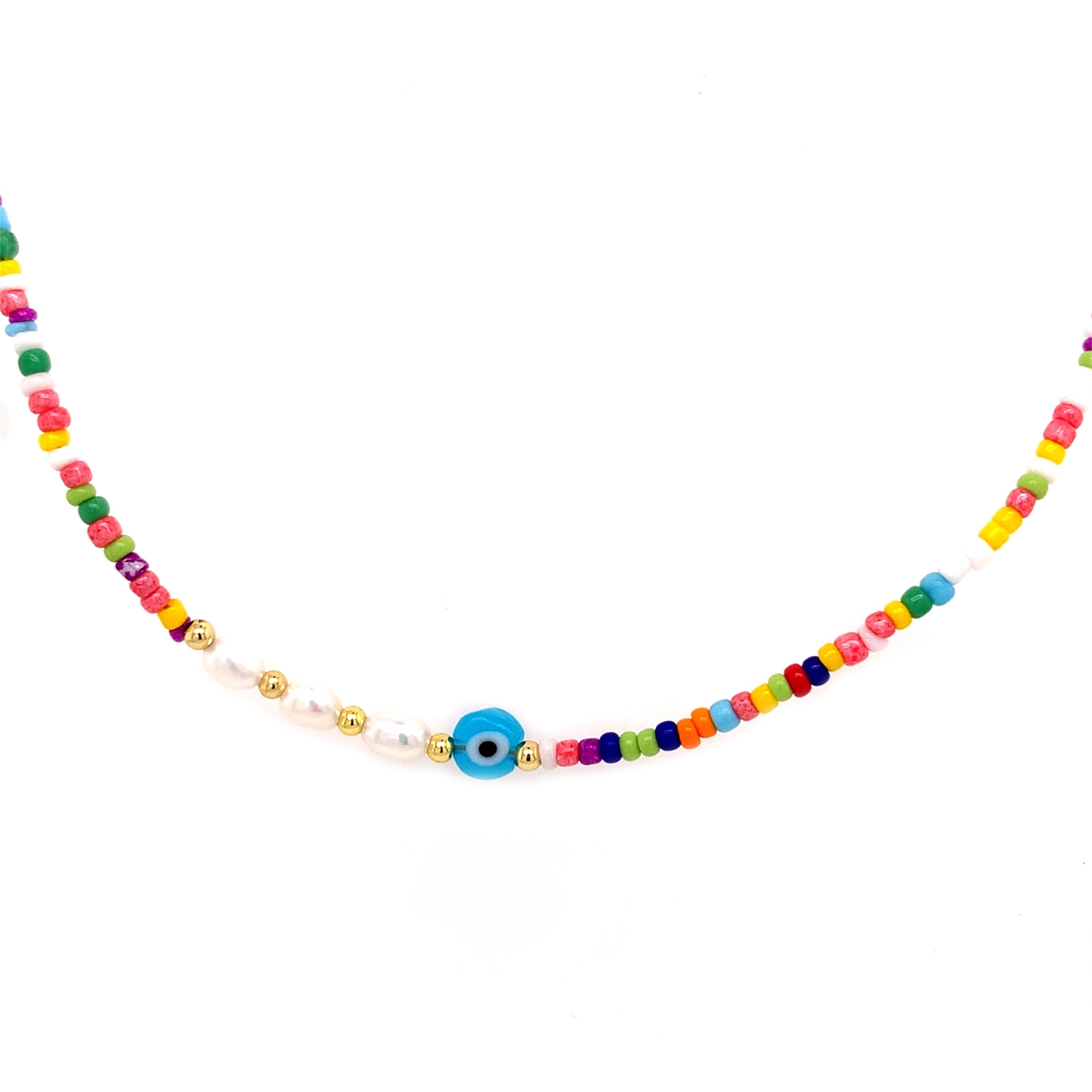 16" 2mm Multicolor Seed Bead Necklace with Light Blue Lucky Eye & Pearl Acccents + 2" Extension