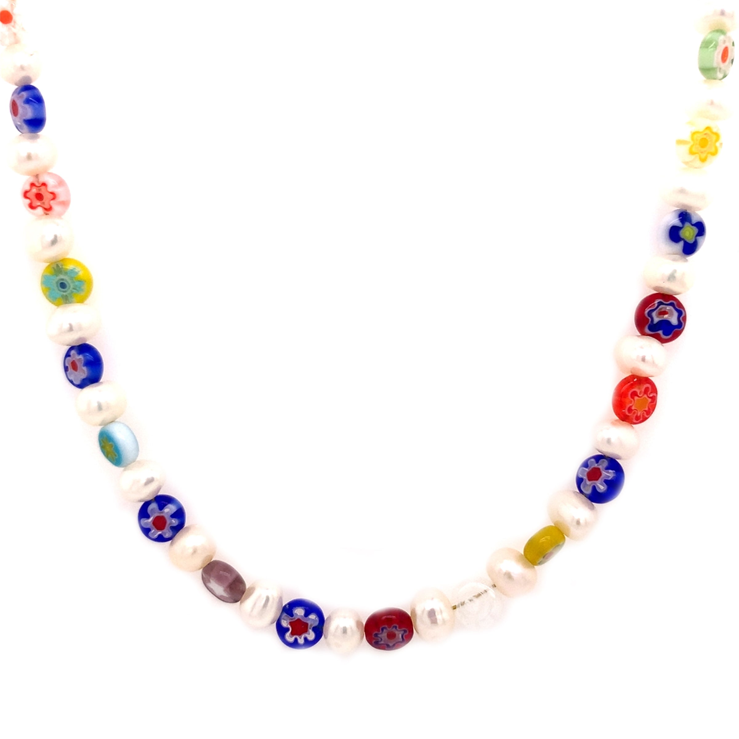 15.5" Freshwater Pearl & Millefiori Necklace + 2" Extension