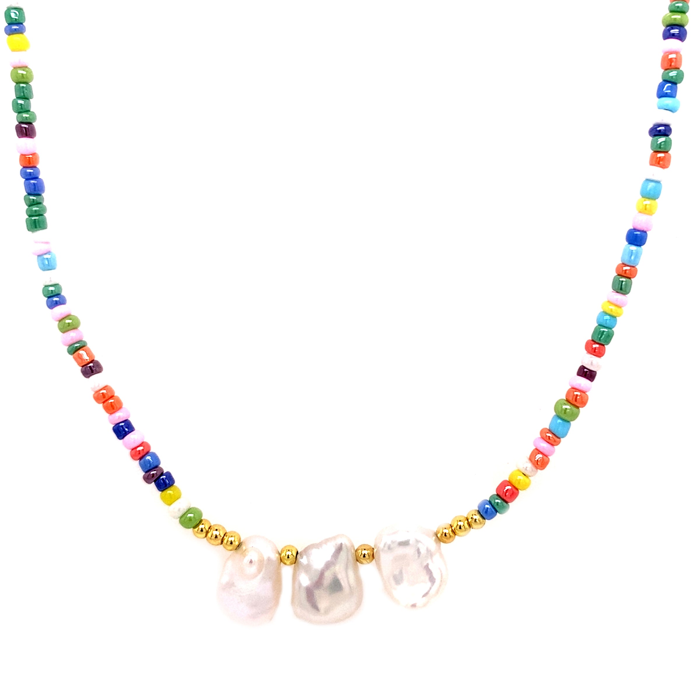 15.5" Seed Bead Necklace with Freshwater Pearl Accents + 2" Extension
