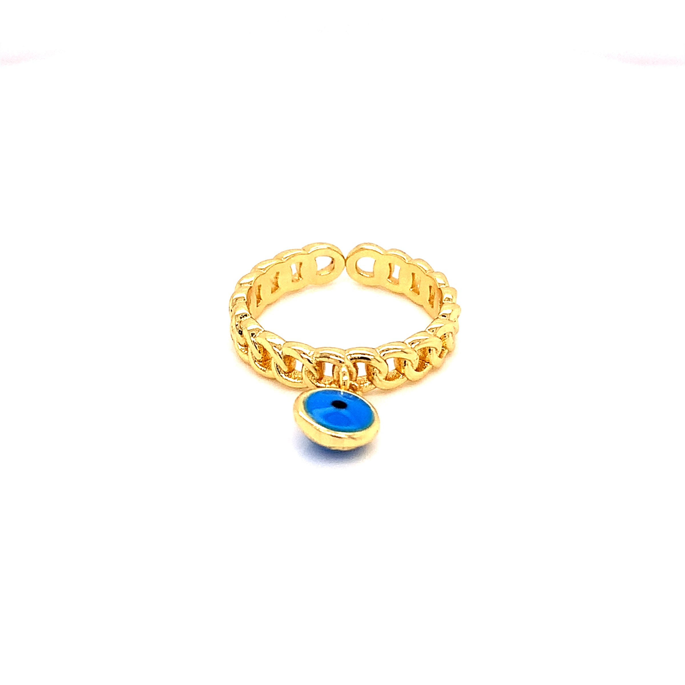Dangling Blue Lucky Eye Chain Link Adjustable Ring - Gold Plated