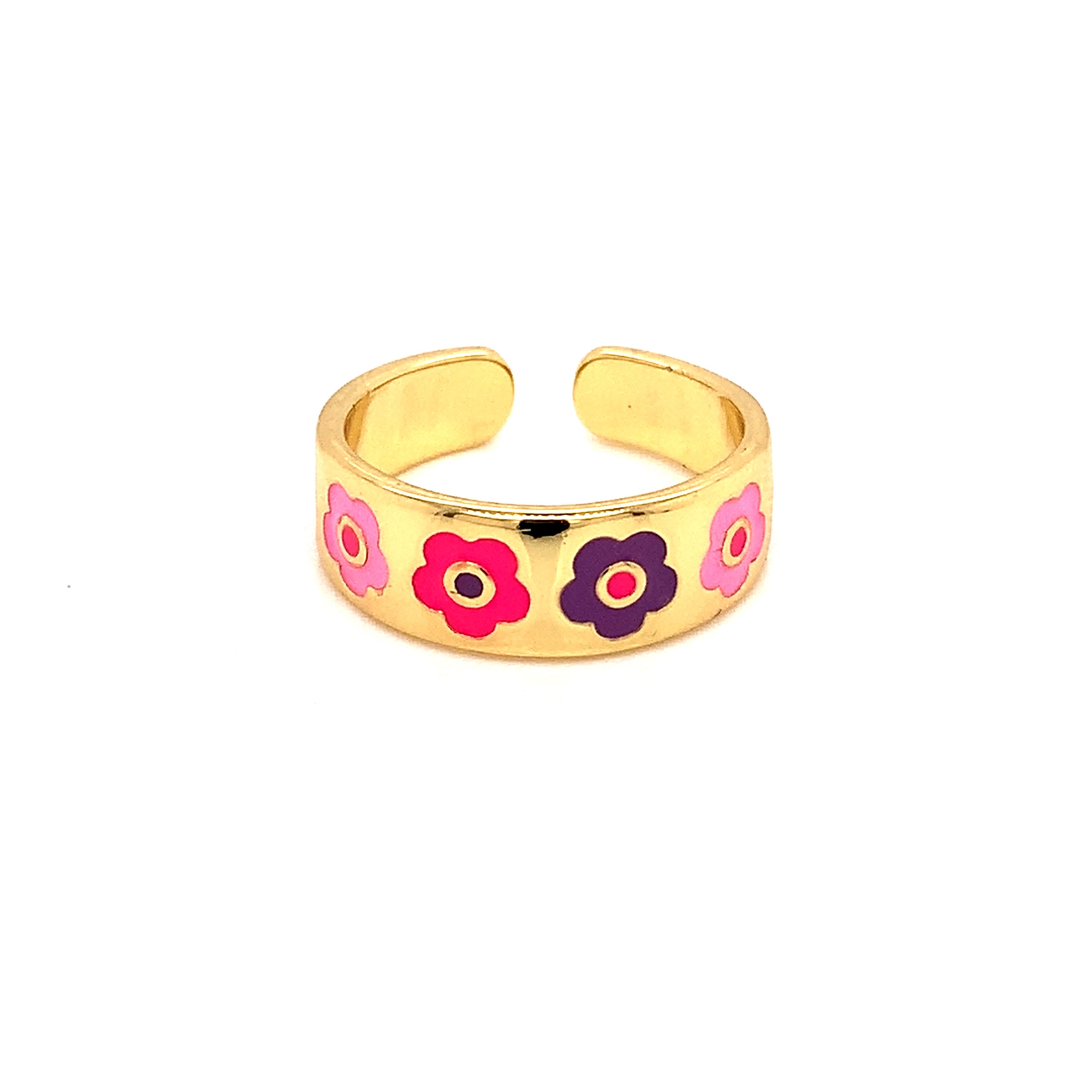 Multicolor Enamel Flower Adjustable Ring - Gold Plated