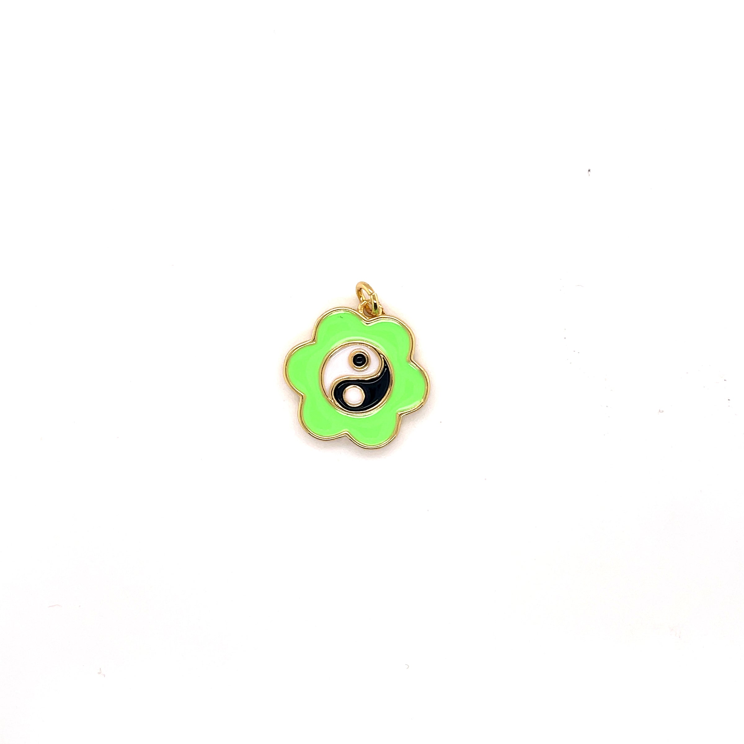Green Enamel Yin Yang Flower Charm - Gold Plated