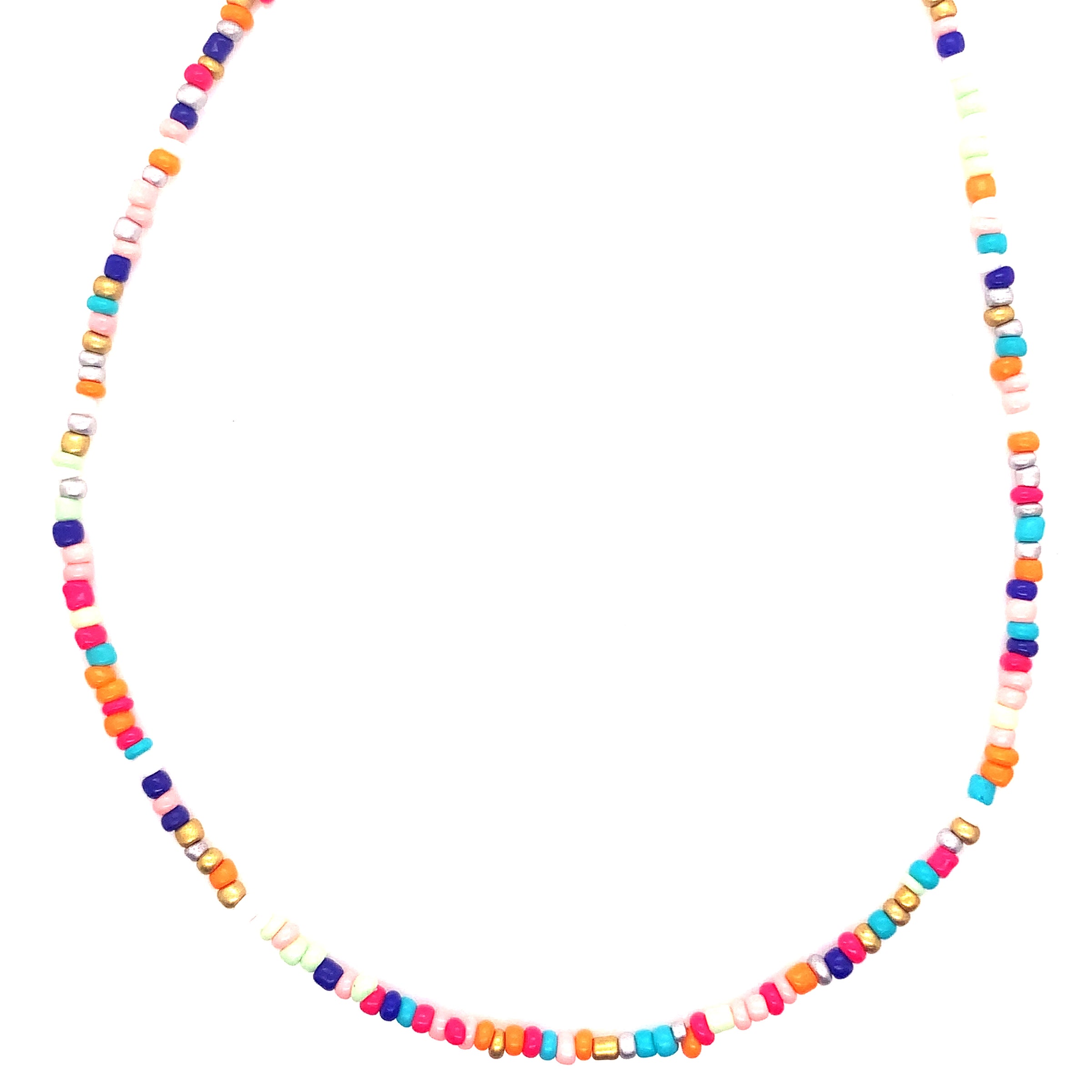 13" Multicolor Seed Bead Necklace + 5" Extension - Silver Tone Clasp