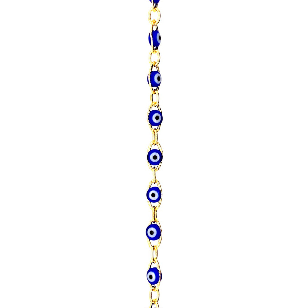6mm Blue Evil Eye Chain - Gold Plated - Price Per Foot