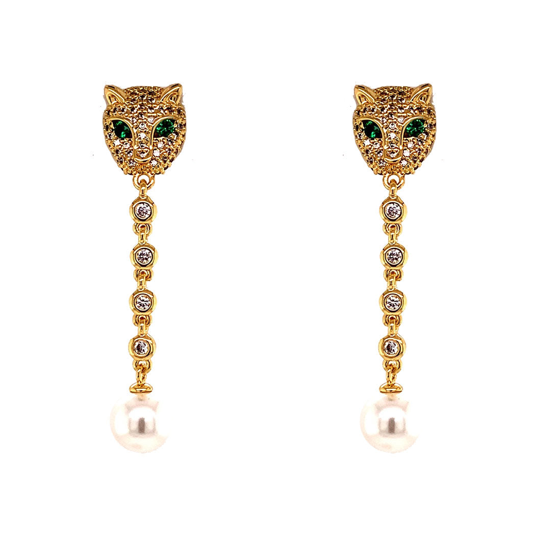 CZ Jaguar Dangling Pearl Studs - Gold Plated