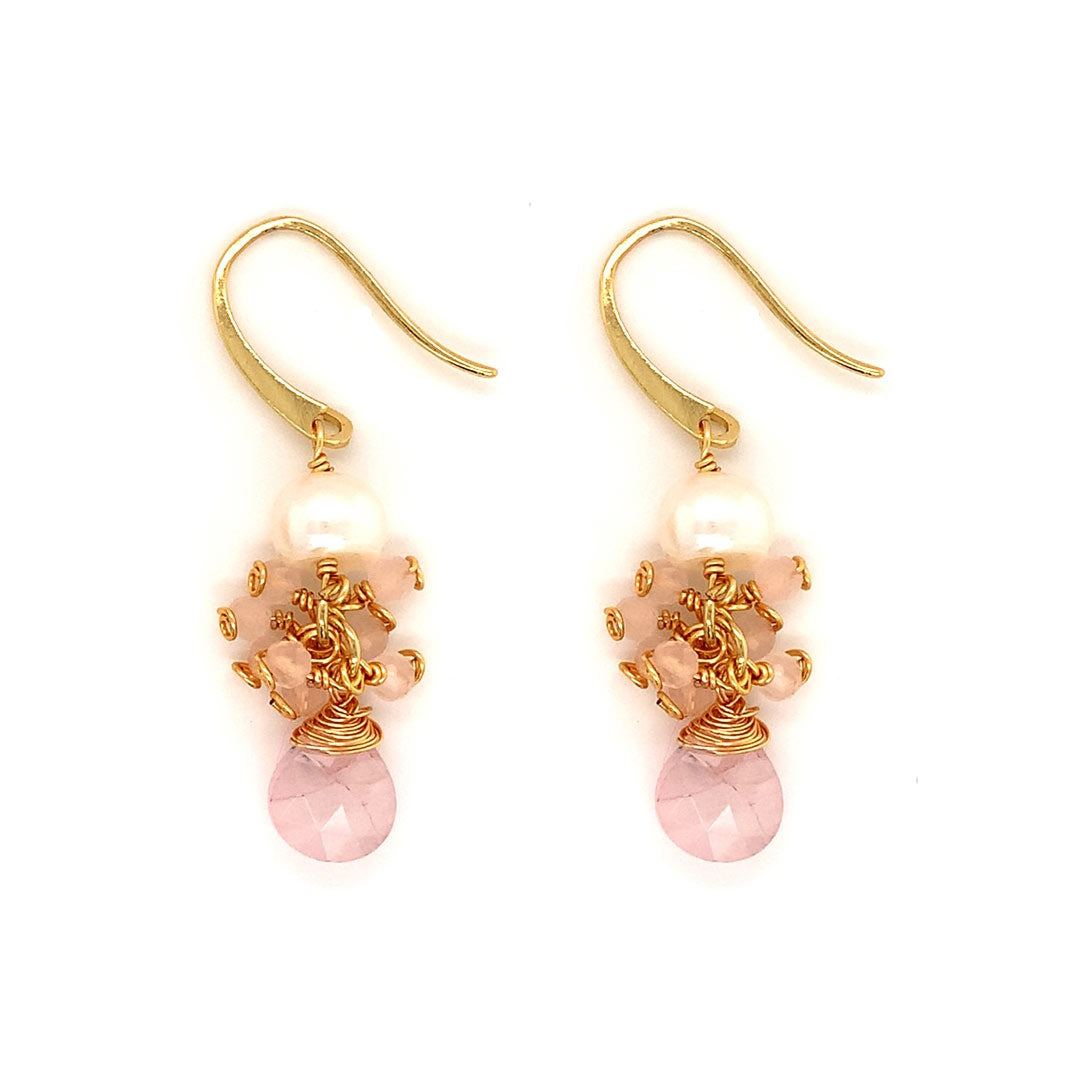 Wire Wrapped Gemstone Dangling Earrings - Gold Plated