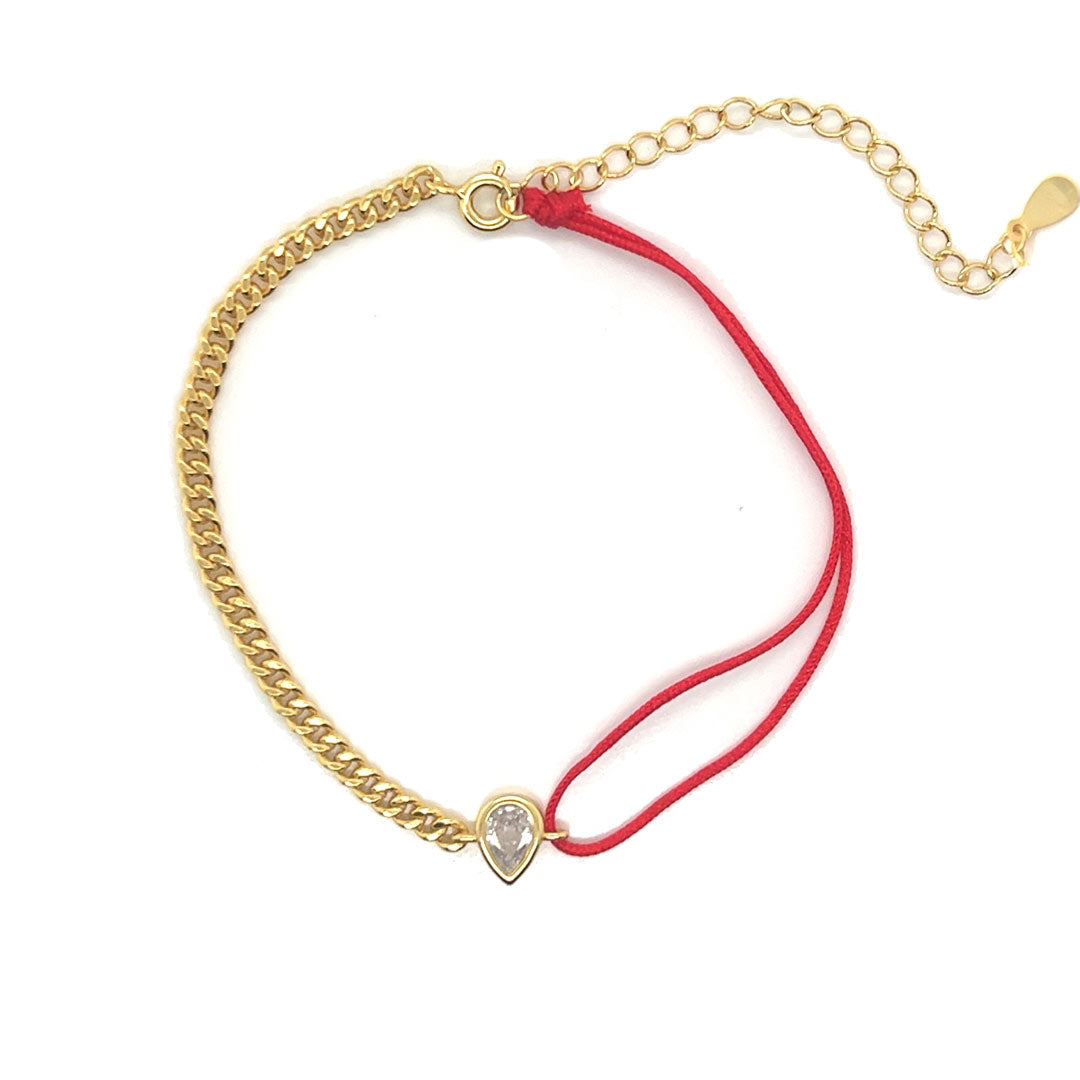 Red Curb Bracelet with Teardrop Accent - 2" Extension - Gold Plated