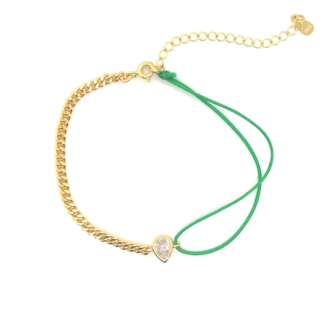 Green Curb Bracelet with Teardrop Accent - 2" Extension - Gold Plated
