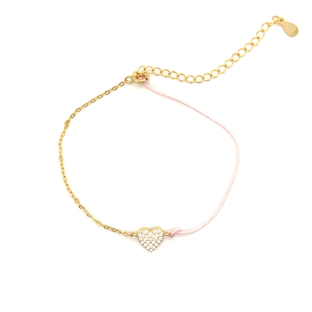 Pink Cable Bracelet with CZ Heart Accent - 2" Extension - Gold Plated