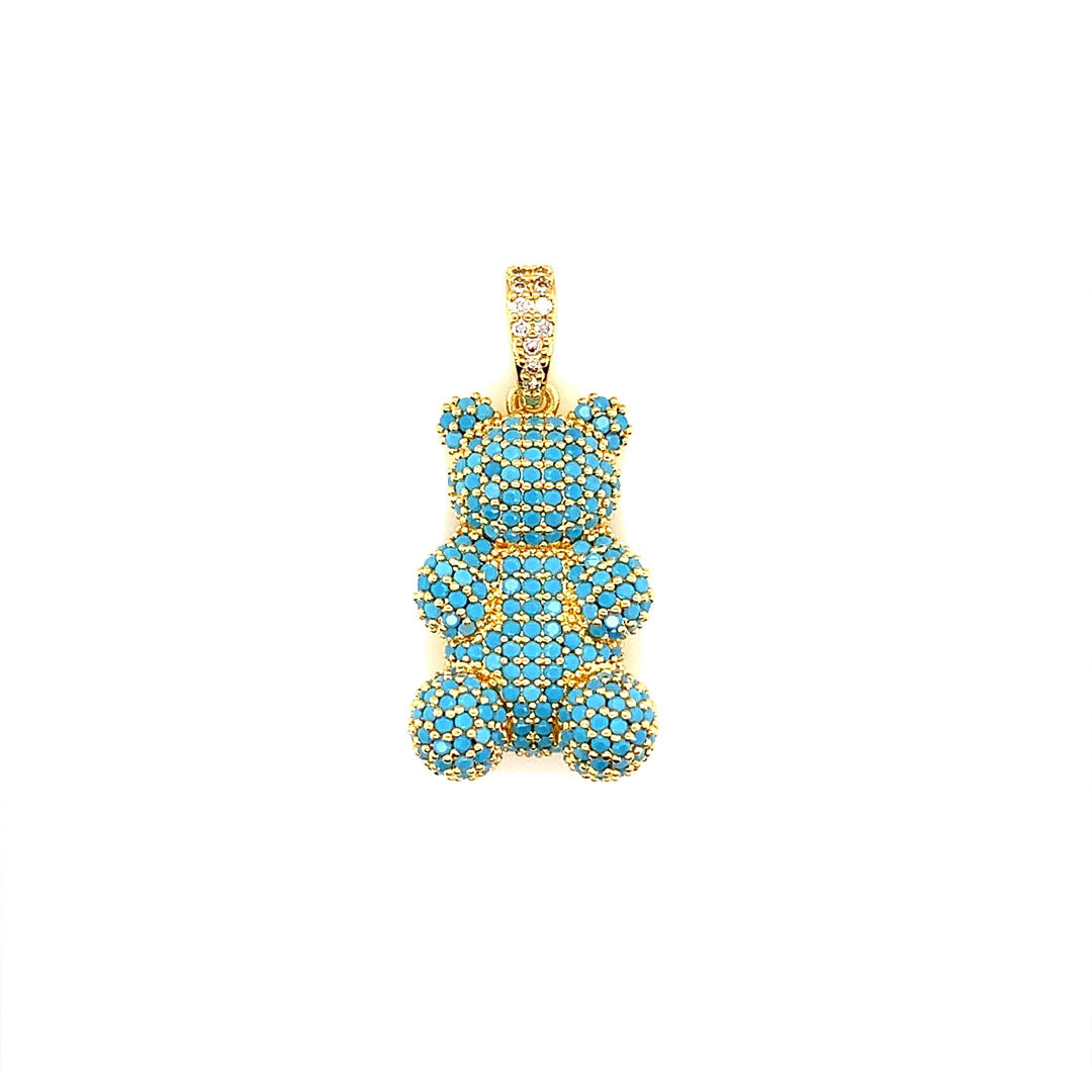 Teal CZ Teddy Bear Pendant - Gold Plated