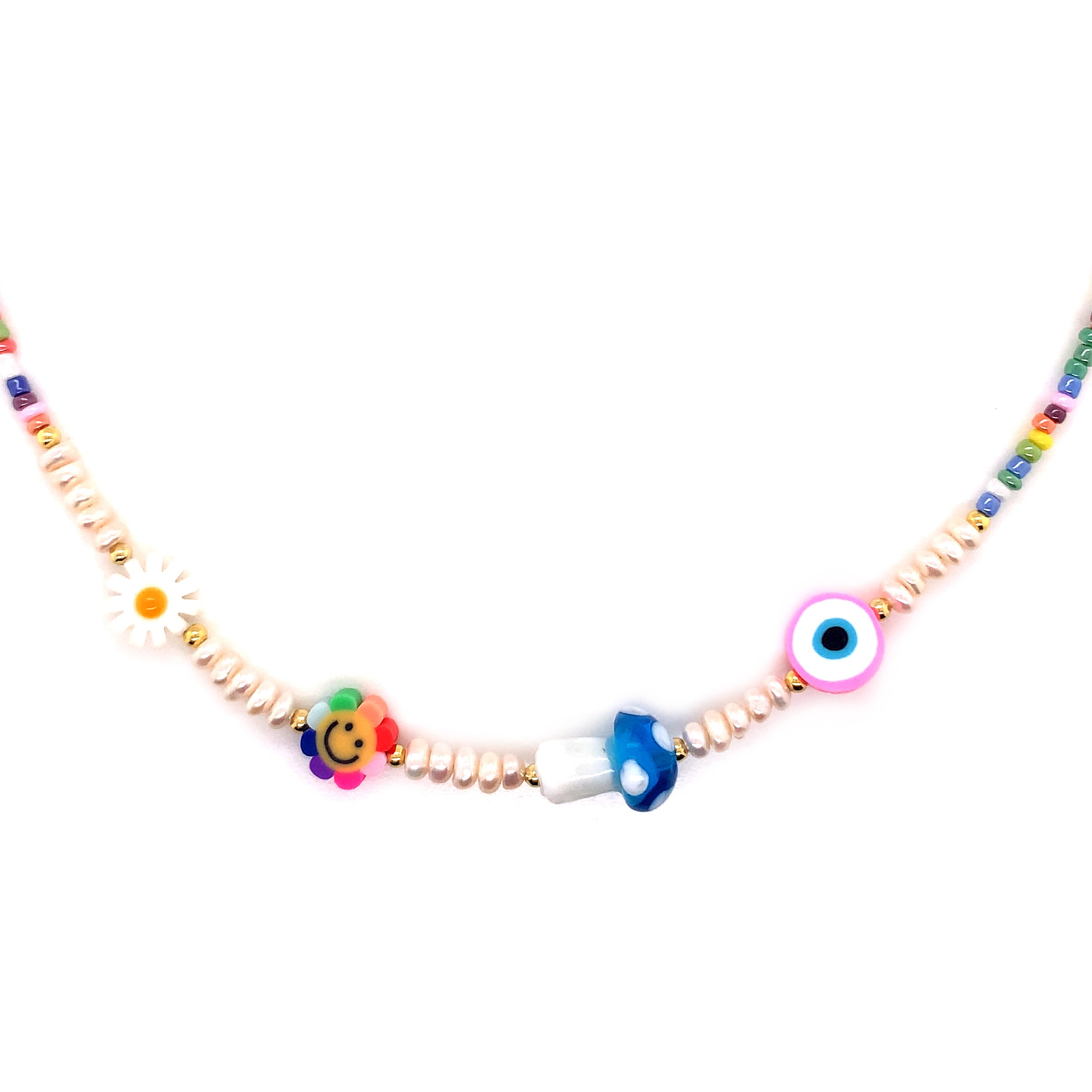 16" Seed Bead & Freshwater Pearl Multi Charm Necklace + 2" Extension