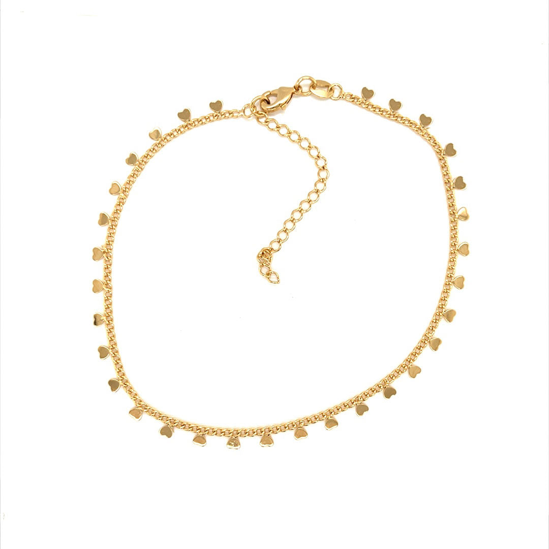 Curb Chain Anklet with Heart Beads - Gold Filled