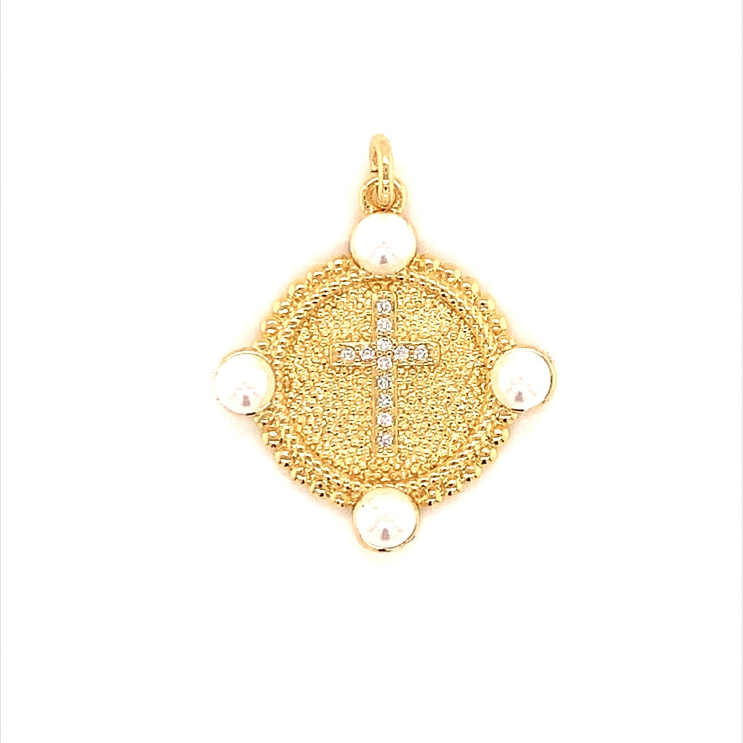 Pearl CZ Cross Charm - Gold Plated