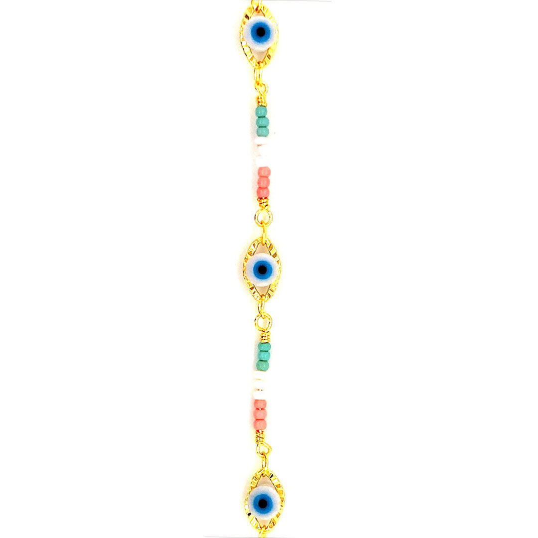 Beaded Evil Eye Chain - Gold Plated - Price Per Foot