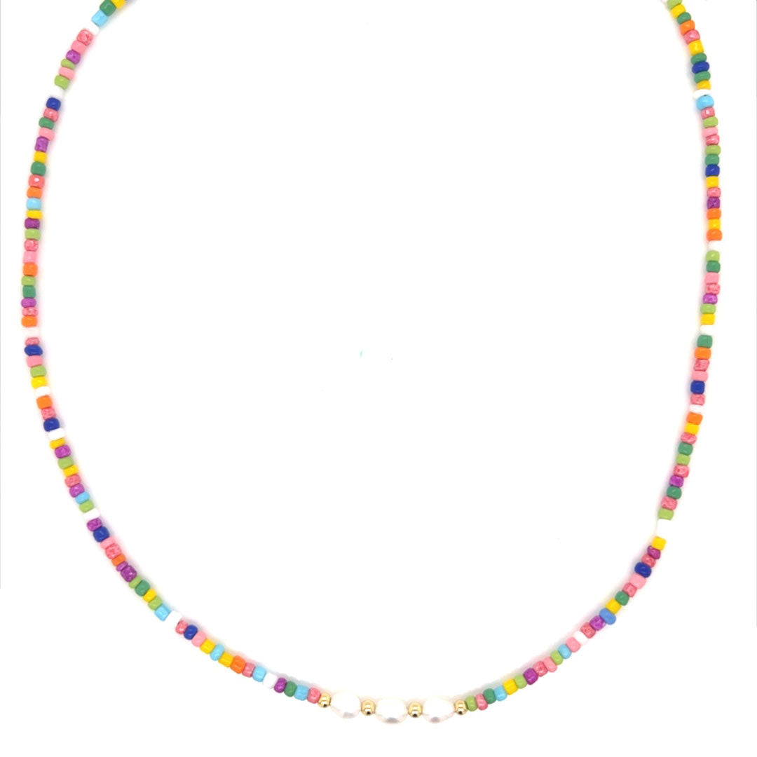 16" 2mm Multicolor Seed Bead Necklace with Pearl Accents + 2" Extension