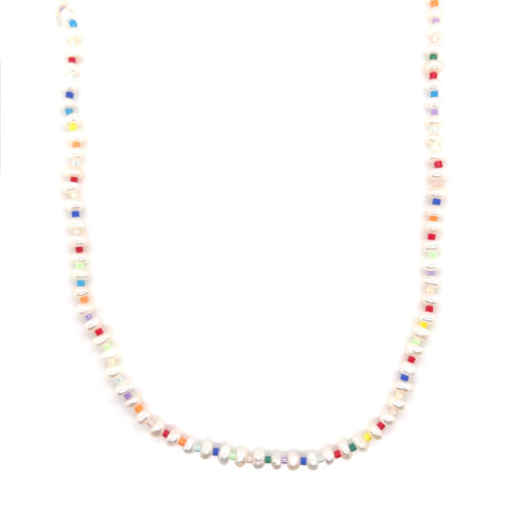 16" Pearl Beaded Multi Color Necklace with 2" Extension